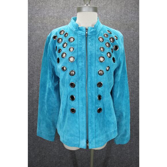 Victor Costa Jackets & Blazers - Vintage Victor Costa Turquoise Leather Jacket w/ Grommet size Medium